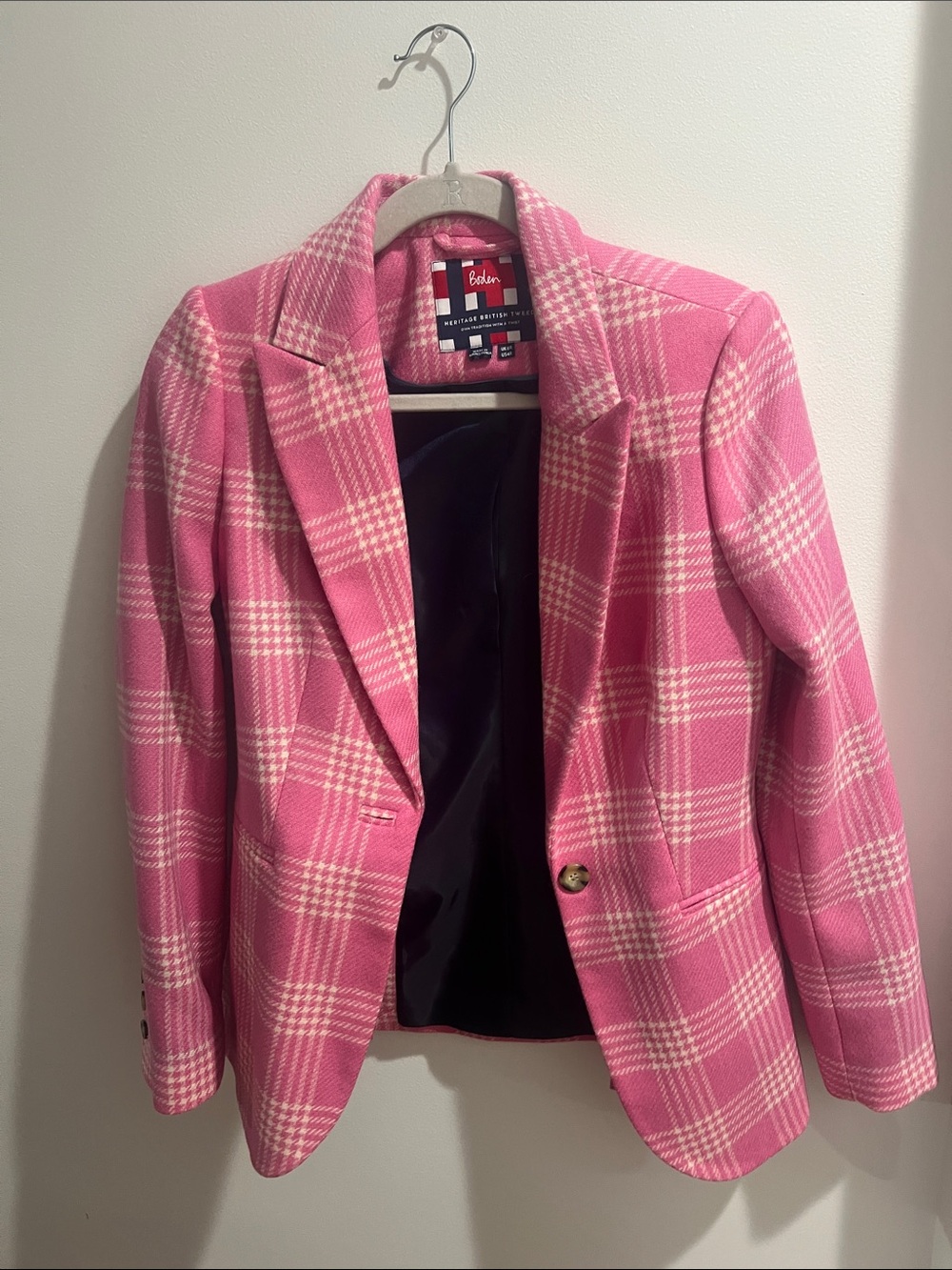 Boden Atkinson Heritage British Tweed Pink Plaid Wool Blazer Jacket US 4 Preppy